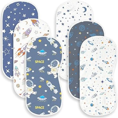 6 Pack Baby Burp Cloths for Boys Girls, Soft Cotton, Space Rocket Theme Design, Super Absorbent Baby Burping Cloths for Newborns, Machine Washable and Reusable Baby Spit-Up Cloths