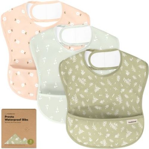Keababies 3pk Presto Baby Bibs Waterproof With Food Catcher, Lightweight Toddler Bibs For Eating (bloom)