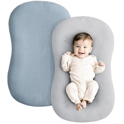 Konssy Muslin Baby Lounger Cover 2 Pack, 100% Cotton Newborn Lounger Cover, Soft and Breathable Lounger Cover for Boys Girls, Covers Only (Blue,Grey)