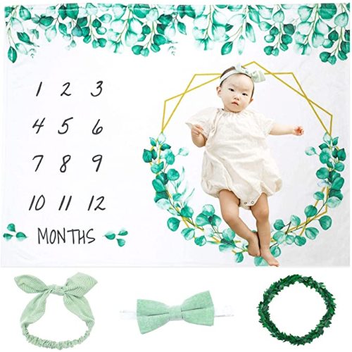 Baby Monthly Milestone Blanket Girl Boy | Green Leaf Eucalyptus Months Baby Age Blanket| Includes Bunny Headband Bow Tie & Leaf Wreath Photo Props | Unisex Growth Chart for Newborn