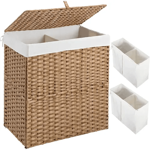 GREENSTELL Laundry Hamper with lid, No Install Needed, 110L Wicker Laundry Baskets Foldable 2 Removable Liner Bags, 2 Section Clothes Hamper Handwoven Synthetic Rattan Laundry Basket with Handles, Natural 22.2x13.3x24.0 Inches