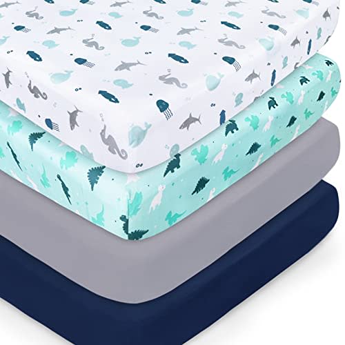 Crib Sheets for Boys or Girls 4-Pack, Fitted Crib Sheet 52'' x 28'' for Standard Crib & Toddler Mattress, Soft and Breathable Material, Baby Crib Sheets Neutral, Dinosaurs & Ocean