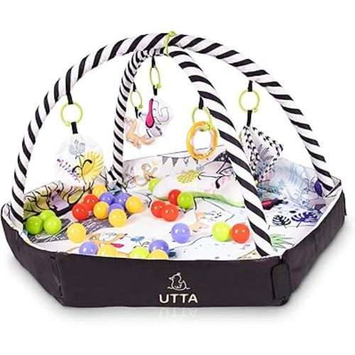 4-in-1 Baby Activity Center and Play Mat – Includes 30 Ocean Balls & 5 Toys – Soft Washable Floor Gym for Newborns & Toddlers – Ball Pit, Tummy Time, Crawling, Sit & Play – Baby Gift Idea