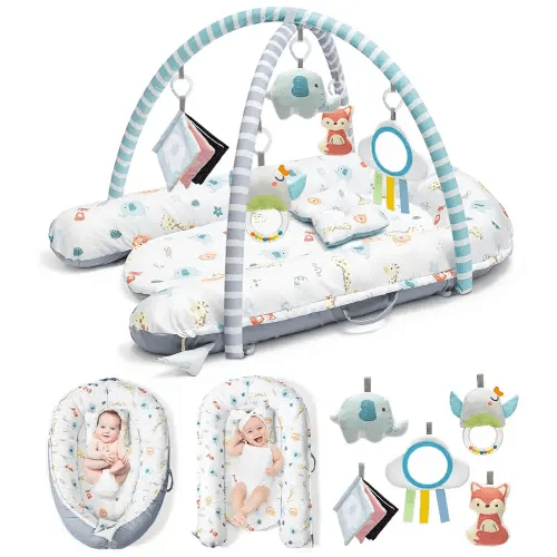 Baby Play Mat, 7-in-1 Tummy Time Activity Gym Mat, Washable Baby Lounger Nest, Portable Floor Seat for Home & Travel, Baby Essentials Gift for Infant Newborn 0-6-12-18 Months
