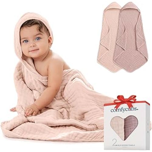 Comfy Cubs Hooded Baby Towel 2-Pack, Large 32 x 32 Inch - 6 Layer 100% Muslin Cotton for Babies, Toddlers, Kids - Soft & Absorbent Baby Bath Towels - Unisex Design for Bath Time, Mauve and Blush