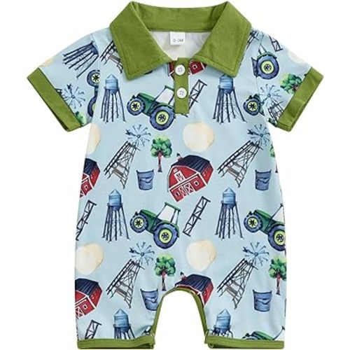 Western Baby Boy Outfit Cow/Horse Print Short Sleeve Romper Button Up Lapel Jumpsuit Bodysuit Summer Clothes