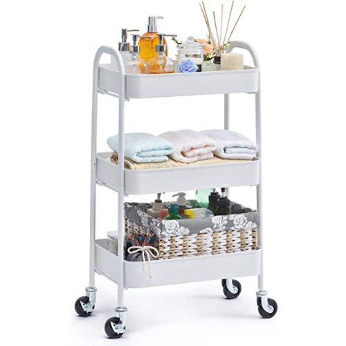 TOOLF 3 Tier Rolling Cart, No Screw Metal Utility Cart, Easy Assemble Utility Serving Cart, Sturdy Storage Trolley with Handles, Locking Wheels, for Classroom Office Home Bedroom Bathroom, White