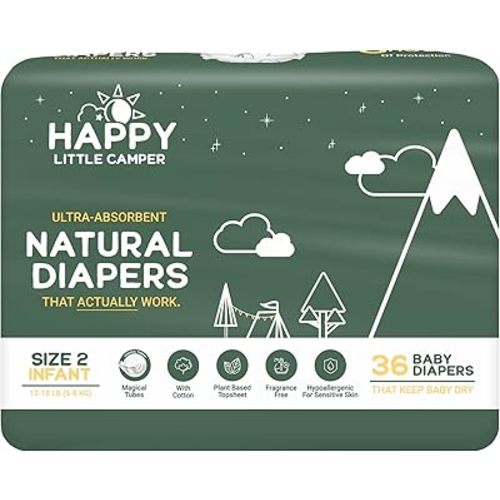 Happy Little Camper Ultra-Absorbent Natural Baby Diapers Size 2 - Hypoallergenic & Chlorine-Free Disposable Diapers Safe for Sensitive Skin - Unscented Infant Diapers - 36 Count