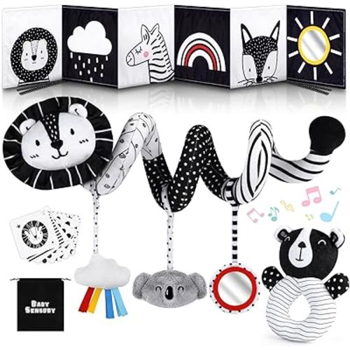 Joyreal High Contrast Baby Toys for Newborn, Black and White Baby Sensory Toys with Car Seat Toys,Infant Toys with Black White Cards Book, Montessori Toys for Baby Gifts