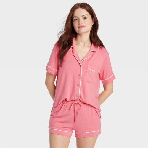 Women's Cloud Knit Short Sleeve Notch Collar Shirt And Shorts Pajama Gift Set - Auden™ Mom/green S