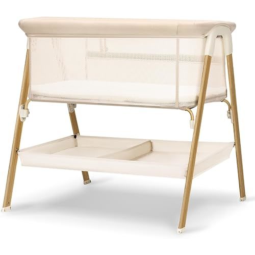 Baby Bassinet, Bedside Bassinet for Baby, Bassinet Bedside Sleeper with Mattress, Storage Basket and 4 Auto-Lock Wheels, Full-Mesh Sides, Bedside Mini Crib for Newborn (Beige)