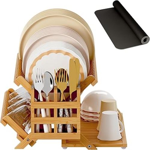 Greenual Bamboo Dish Drying Rack with Utensil Holder, 3 Tier Collapsible Dish Rack, Wooden Dish Racks for Kitchen Counter, Large Folding Drying Holder with Absorbent Dish Drying Mat