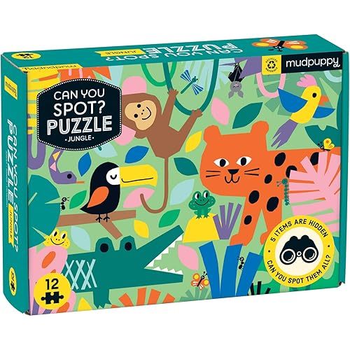 Mudpuppy Jungle Can You Spot? Puzzle from Mudpuppy - 12 Piece Jigsaw Puzzle Featuring Colorful Jungle Animals and 5 Things to Search and Find, 18" x 13.75", Ages 2+