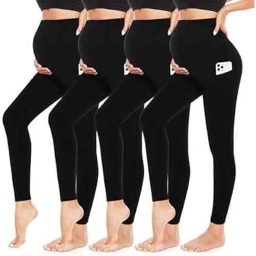 4 Pack Women’s Maternity Leggings with Pockets Over The Belly Butt Lift - Soft Workout Pregnancy Yoga Pants