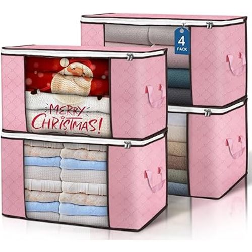 Budding Joy 90L Large Storage Bags, 4 Pack Clothes Storage Bins Foldable Closet Organizer Storage Containers Storage and Organization for Clothes, Blanket, Pillows and Toys (Pink)