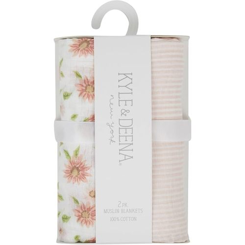Kyle & Deena Baby Swaddle Blanket for Girl 36x40 Large Muslin Baby Blanket Combo Set Striped and Large Flower Pink