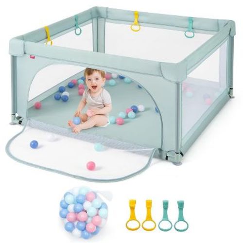 Safstar Baby Playpen, 49.5" x 49.5" Toddler Play Yard w/ 50 Ocean Balls & 4 Pull Rings, Non-Slip Safety Play Pen w/Zippered Door, Gray