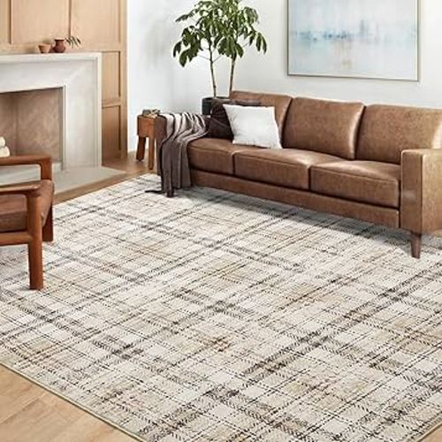 Washable Area Rugs 4x6 Rug Modern Plaid Area Rug for Bedroom Non Slip Entryway Rug Ultra Soft Living Room Rugs Tartan Non Shedding Stain Resistant Carpet for Nursery Office Beige 4'x6'
