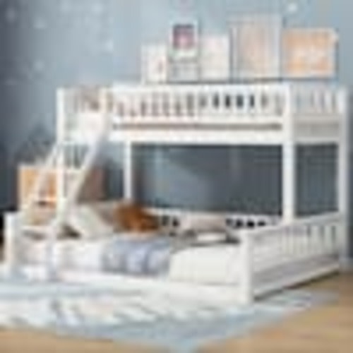 Qualler White Twin XL over Queen Bunk Bed with Ladder and Guardrails FSUBWM264K