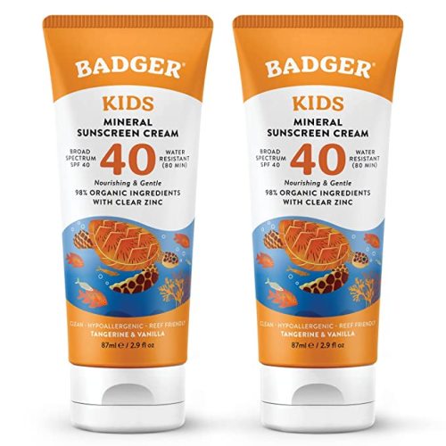 Badger Kids Mineral Sunscreen Cream SPF 40, 98% Organic Ingredients, Zinc Oxide Sunscreen for Kids Face & Body, Water Resistant, Reef Friendly, Hawaii Approved Sunblock, 2.9 fl oz, 2-Pack