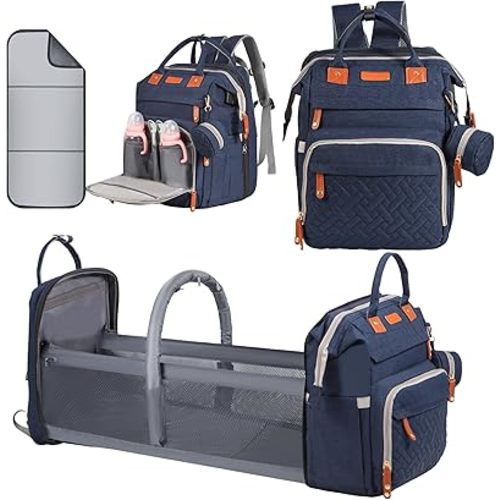 Baby Diaper Bag Backpack, with Diaper Changing Station, Multi-functional Travel Diaper Waterproof Backpack, for Baby Boys and Girls, Folding Portable Nappy Changing Mat and Sun Canopy(Large Blue)