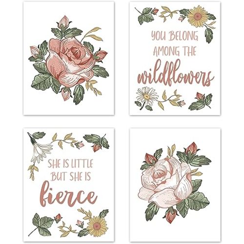 Sweet Jojo Designs Vintage Floral Boho Wall Art Prints Room Decor for Baby, Nursery, and Kids - Set of 4 - Blush Pink, Yellow, Green and White Shabby Chic Rose Flower Farmhouse Wildflower