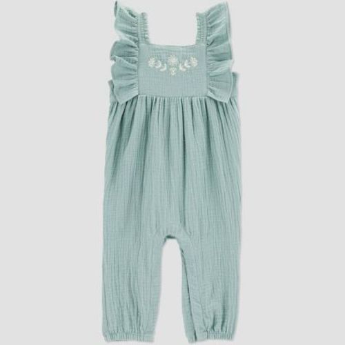 Carter's Just One You®️ Baby Girls' Embroidered Gauze Jumpsuit - Green/white 18m: Cotton, Floral Pattern, Ruffle Sleeveless, Snap Closure