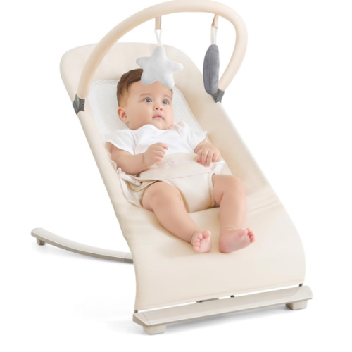3-in-1 Portable Baby Bouncer & Rocker Chair for Newborn to Toddler - 4 Adjustable Recline Positions, Breathable Cotton Fabric, Natural Vibration, Supports Up to 33 lbs (Oatmeal Khaki)