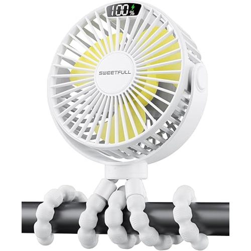 SWEETFULL Portable Stroller Fan with Display 4000mAh Battery Powered Mini Clip On Fan, 4-Speed Rechargeable Small Personal Cooling for Baby Car Seat Crib Travel - White
