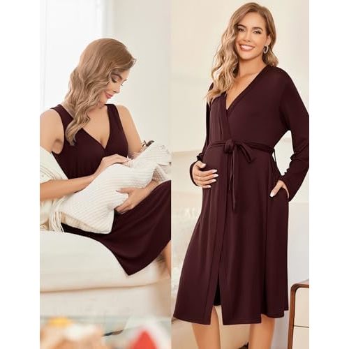 Ekouaer Maternity Nursing Gown and Robe Set Labor Delivery Nursing Nightgowns for Breastfeeding Pregnancy Clothes