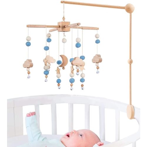 BlueMello Starry Night Baby Mobile Toy and Mobile Arm Holder 2 in 1 Set for Crib | Wooden Beads and Stars Bed Hanger for Boys and Girls | Hanging Nursery Decor for Bassinet | Perfect Baby Shower Gift