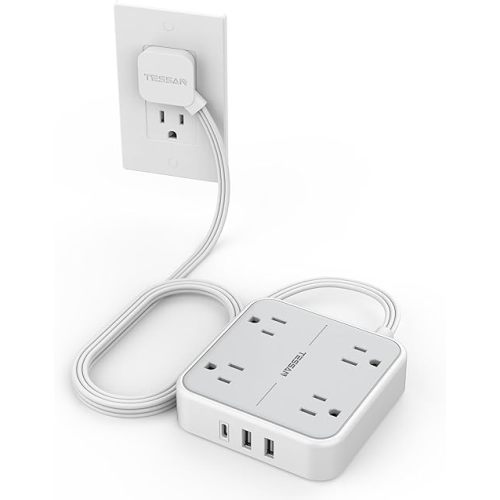 Flat Plug Extension Cord Indoor 5 Feet, Power Bars with Surge Protector, TESSAN Power Strip with 4 Multiple Outlets 3 USB Ports (1 USB C), Surge Protection for Dorm Room Home Office, Gray