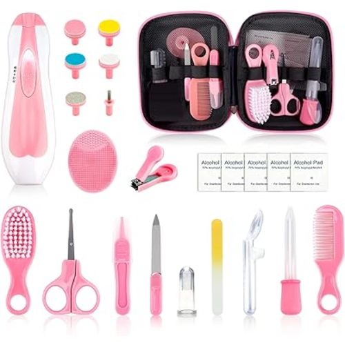 Baby Grooming Kit - 26 in 1 Nursery Essentials Baby Registry Shower Gift for Newborns, Infants, Toddlers, Boys, Girls Kids-Safety Baby Comb, Brush, Finger Toothbrush, Nail Clippers, Scissors(Pink)