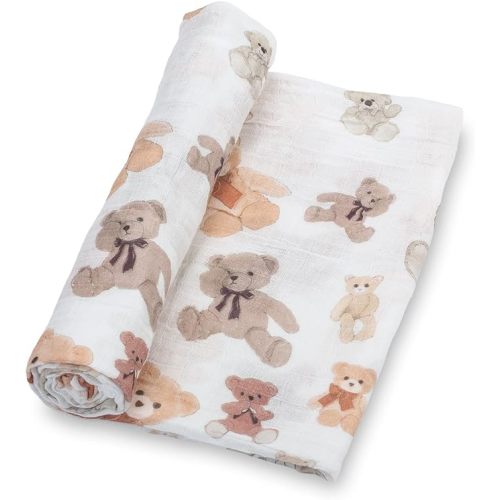 LollyBanks Muslin Swaddle Blankets for Boys and Girls, Large 47 x 47 Inches Soft Swaddles for Newborns, Breathable and Lightweight 100% Cotton Baby Receiving Blankets, Registry (Teddy Bear Theme)