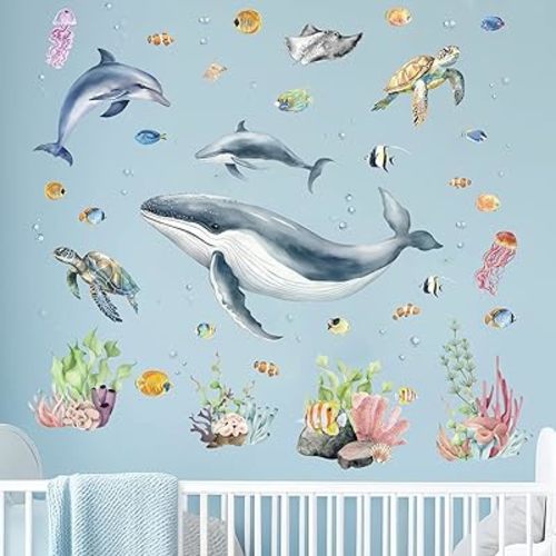 Under The Sea Wall Decals - Marine Theme Shark Whale Fish Seaweed Grass Ocean Wall Stickers - Bathroom Baby Nursery Kids Bedroom Daycare Wall Decor