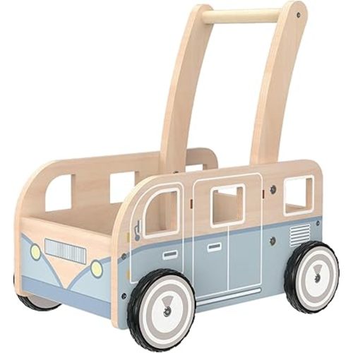 Wooden Baby Walker,Push Walker Bus for Boys and Girls, Stand & Learn Push Walker for Toddlers 1-3 Years Old Blue