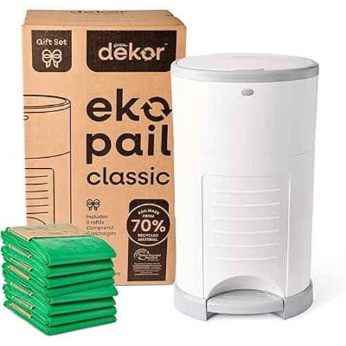 Diaper Dekor EKO Classic Diaper Pail Gift Set, White | ONLY Eco-Friendly Diaper Pail Made with 70% Recycled Materials | Comes with up to a Year's Supply Worth of Diaper Dekor Refills!