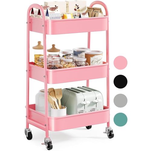 3 Tier Rolling Cart Metal with Wheels, Pink Three Tiered Craft and Art Cart Organizer on Wheels, Small Storage Trolley Carts for Baby Nursery, Diaper, Book, Snack, Nail, Makeup, Bathroom Supplies