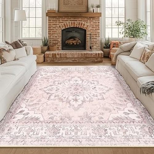 Area Rugs Square 8ft Washable Non-Slip, Floral Vintage Distress Print Pattern Medallion Carpet for Living Room Bedroom Dining Room, Pink Greypink Cute