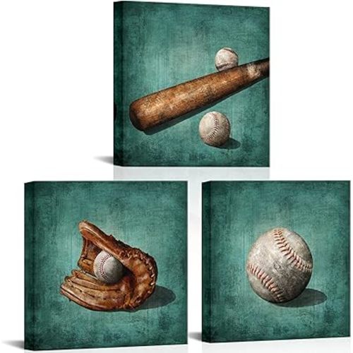Artsbay Baseball Canvas Print Wall Art Set Of 3 Sports Wall Decor Modern Stretched & Framed Artwork for Men Kids Teenagers Boys Bedroom Decor Home Baseball Club Decoration