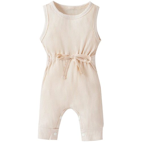 MoZiKQin Baby Girl Boy Sleeveless Ribbed Romper Jumpsuit Solid Drawstring Bodysuit Onesie Summer Outfit Clothes