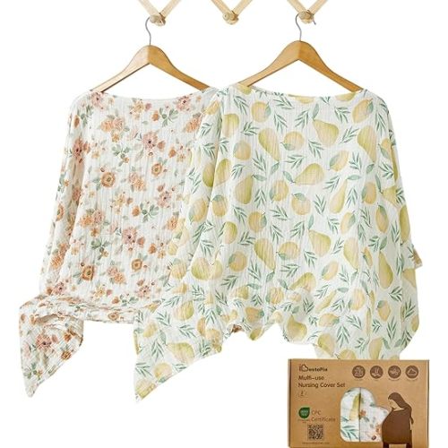 Nursing Cover for Breastfeeding – 2 Pack 51"x47" Cotton Muslin Infinity Scarf, 360° Privacy Breastfeeding Cover, Multi-Use Baby Car Seat Stroller Cover, Gift Box, Lemon-Pear Blossom