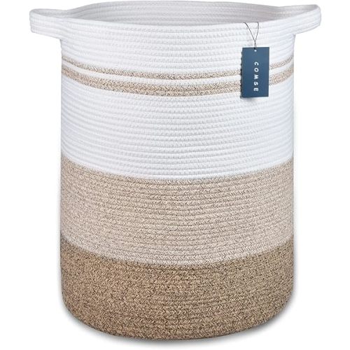 COMSE Extra Large Blanket Basket, Tall Laundry Basket, Nursery Hamper, 15.7”x 21.7”, Cotton Rope Woven Laundry Hamper for Storage Toys Clothes Towels, Gradient Brown