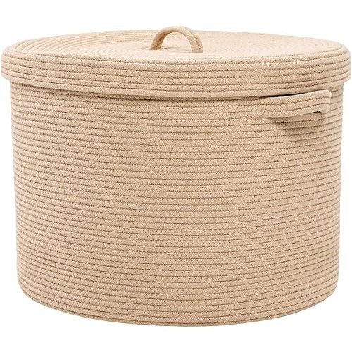 20" x 20" x 15" Extra Large Storage Basket with Lid, Cotton Rope Storage Baskets, Laundry Hamper, Cloth Bin, for Clothes Towels Blankets Pillows Storage in Living Room, All Beige