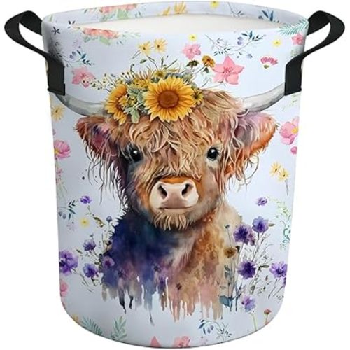 Rustic Highland Cow Kids Laundry Basket Nursery Baby Hamper Foldable Toy Bin Clothes Storage Bucket Organizer Funny Tote Bag for Boy Girl Bathroom/Bedroom/Laundry Room Decor 17.7"x13.7"