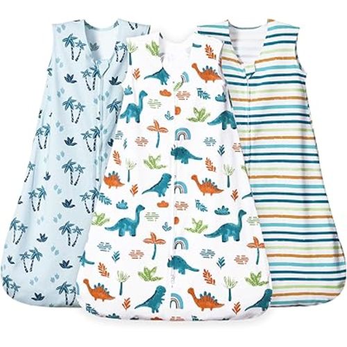 david's kids 3 Pack 100% Cotton Baby Sleep Sack 6-12 Months, Ultra Soft Baby Wearable Blankets with 2-Way Zipper, Comfy Sleeping Bags for Infant Newborn Boys Girls Neutral, Medium Size, Dinosaur