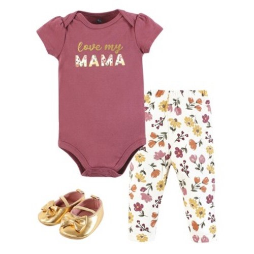 Hudson Baby Infant Girl Cotton Bodysuit, Pant and Shoe Set, Mama Autumn Floral, 3-6 Months
