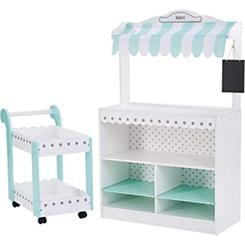 Teamson Kids My Dream Bakery Shop Dessert Stand and Rolling Pastry Cart Interactive Wooden Play Set with 18 Pretend Baked Goods, White and Mint Green with Gray Polka Dot Accents