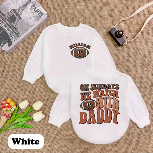 On Sundays We Watch with Daddy Romper Sweatshirt, Personalized Baby Football Shirt, Custom Toddler Fall Outfit, Cute Game Day Apparel