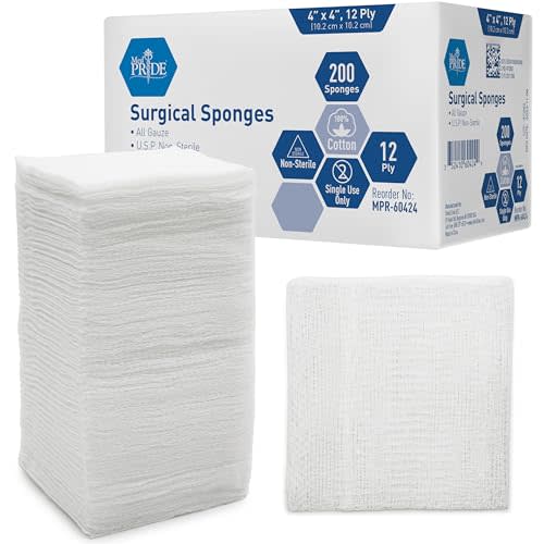 MED PRIDE 4”x 4” Gauze, 200 Surgical Sponges 12-ply Extra Absorbent | All-Gauze, Non-Sterile| Great for Wound Dressing, Prepping, Scrubbing & Cleaning| Essential First-Aid